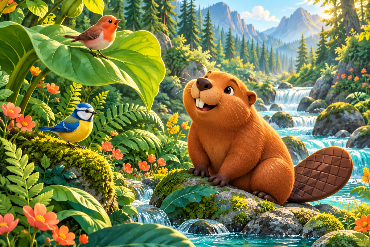 A beaver quietly listening to a robin in a bright green forest