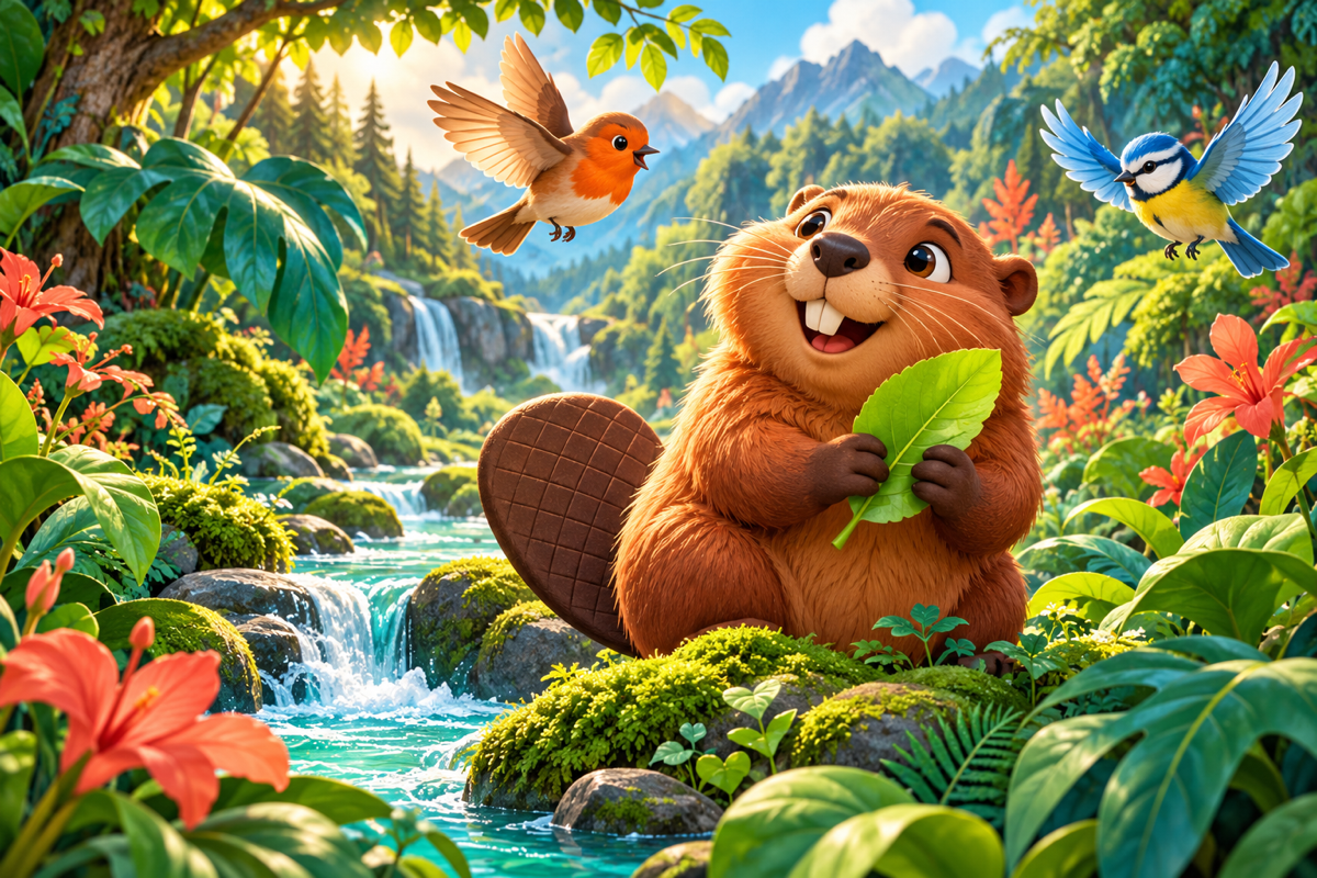 A cheerful beaver discovers a lime-green leaf beside two woodland birds